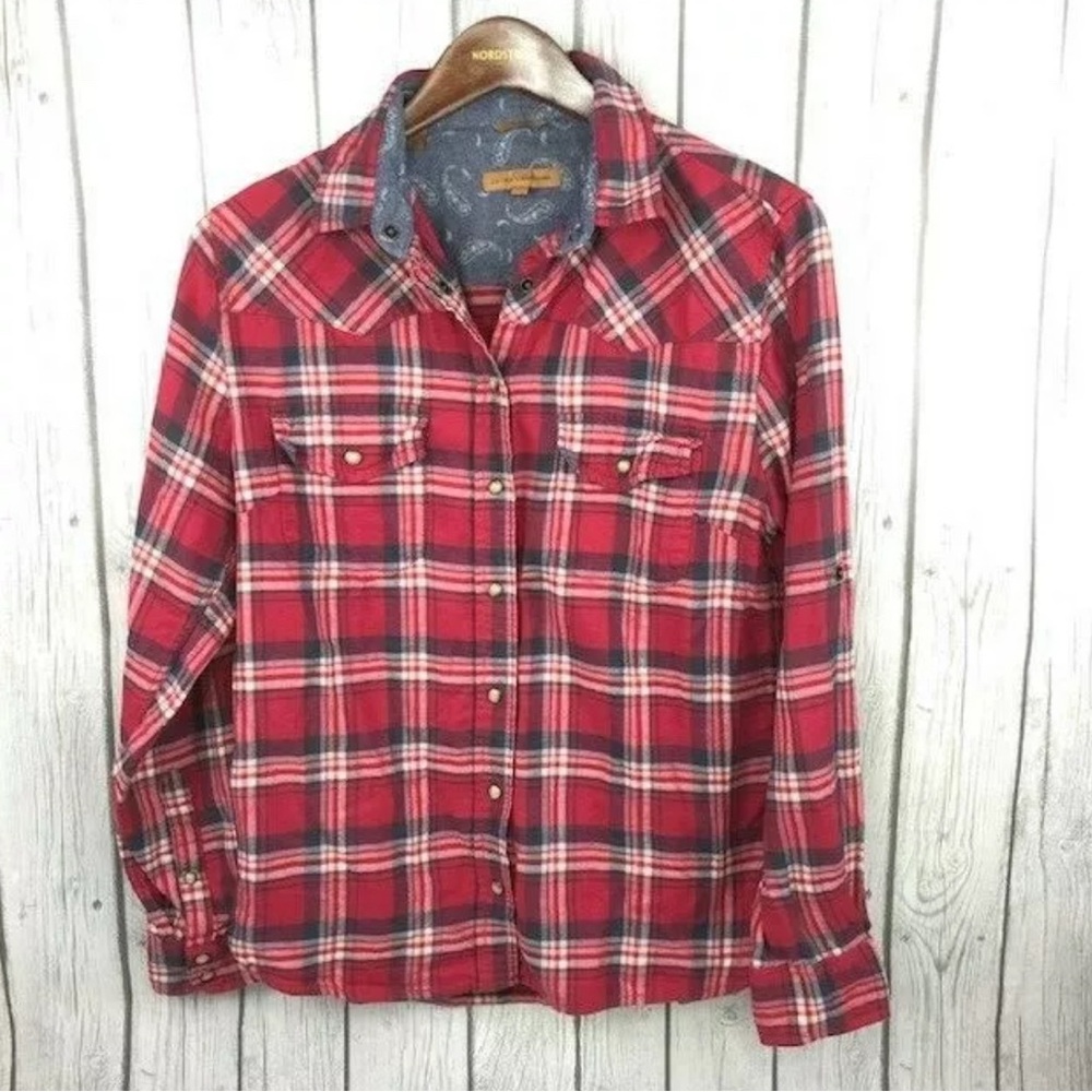 Jachs Girlfriend Womens Bea Pearl Snap Front Flannel Shirt Red Blue Plaid- M